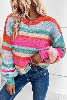 Women's Multicolor Striped Knit Drop Shoulder Puff Sleeve